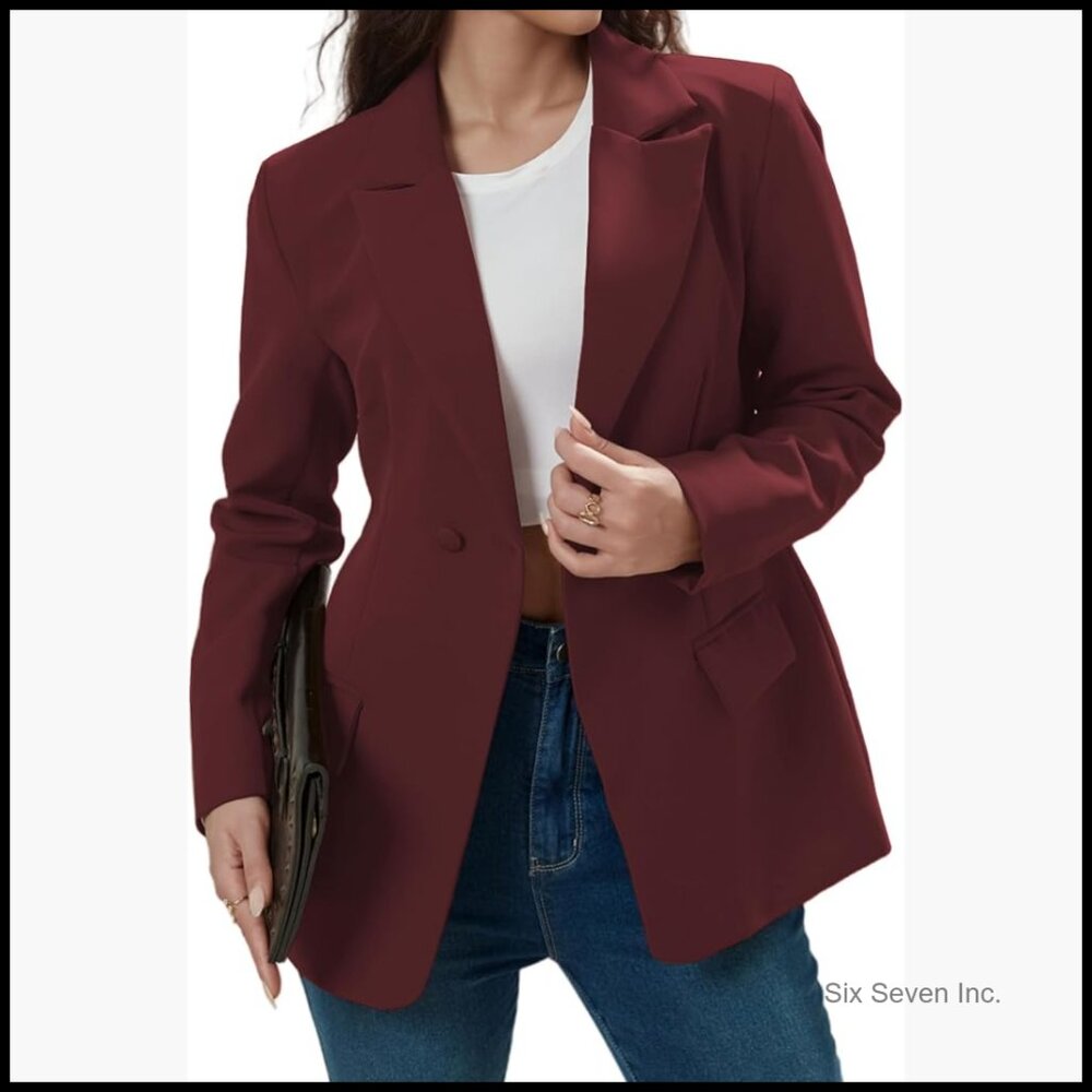 Long Sleeve Notch Lapel Blazer with Pockets, Polyester Blend